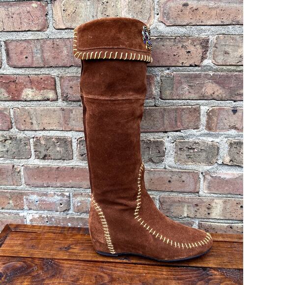 Southwestern Tall Moccasin Wedge Beaded Leather Festival Boots NWOT - Picture 2 of 8